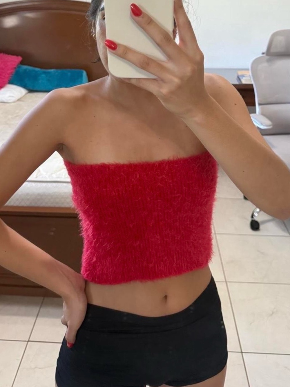 Seven7 Red Fuzzy Strapless Tube Crop Top